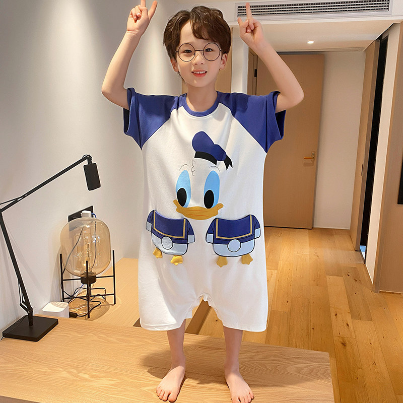 连体睡衣男童夏季纯棉短袖小男孩连体衣卡通唐老鸭儿童家居服薄款