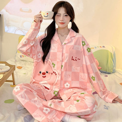纯棉睡衣女款春秋长袖长裤loopy