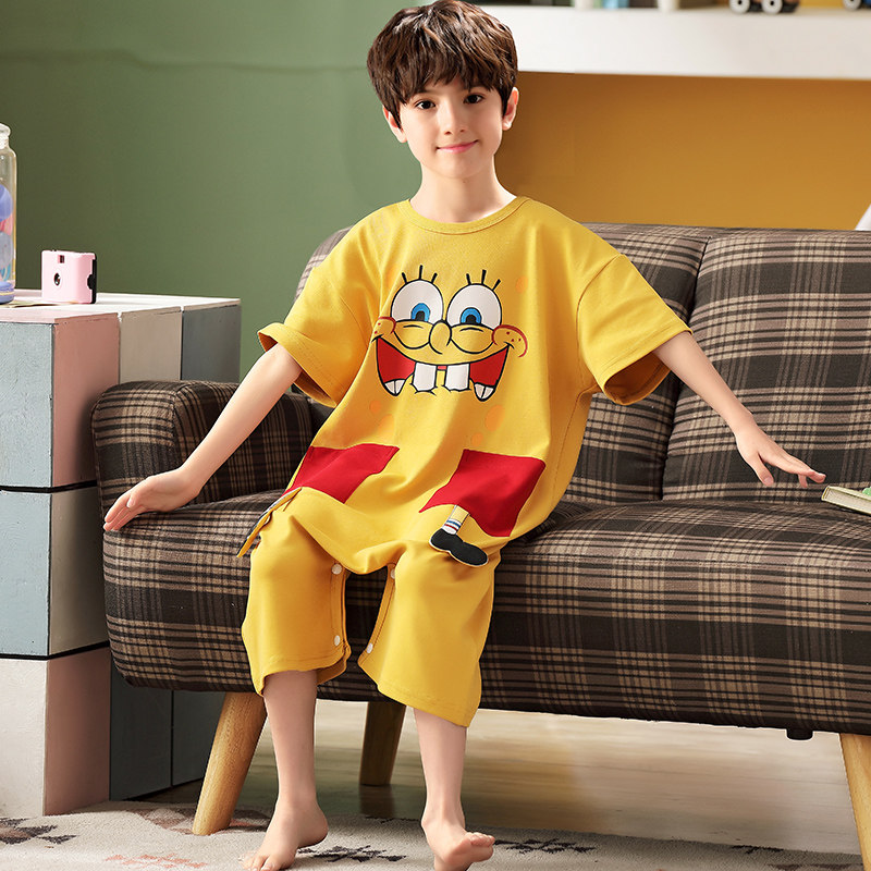 男童连体衣夏季纯棉薄款可爱大码男孩睡衣大童13岁15家居服可外穿