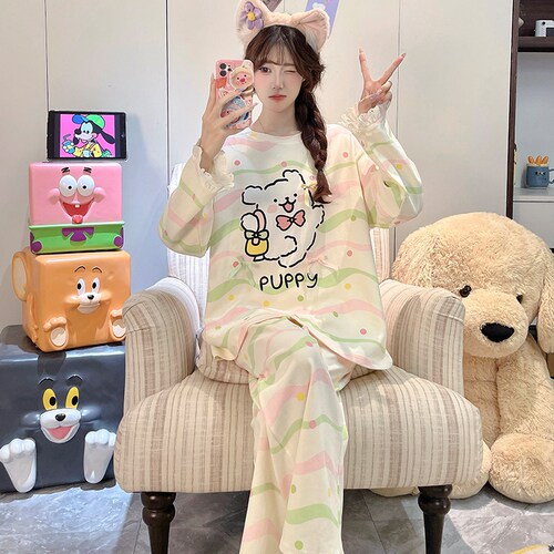 纯棉睡衣女秋季套装2026线条小狗