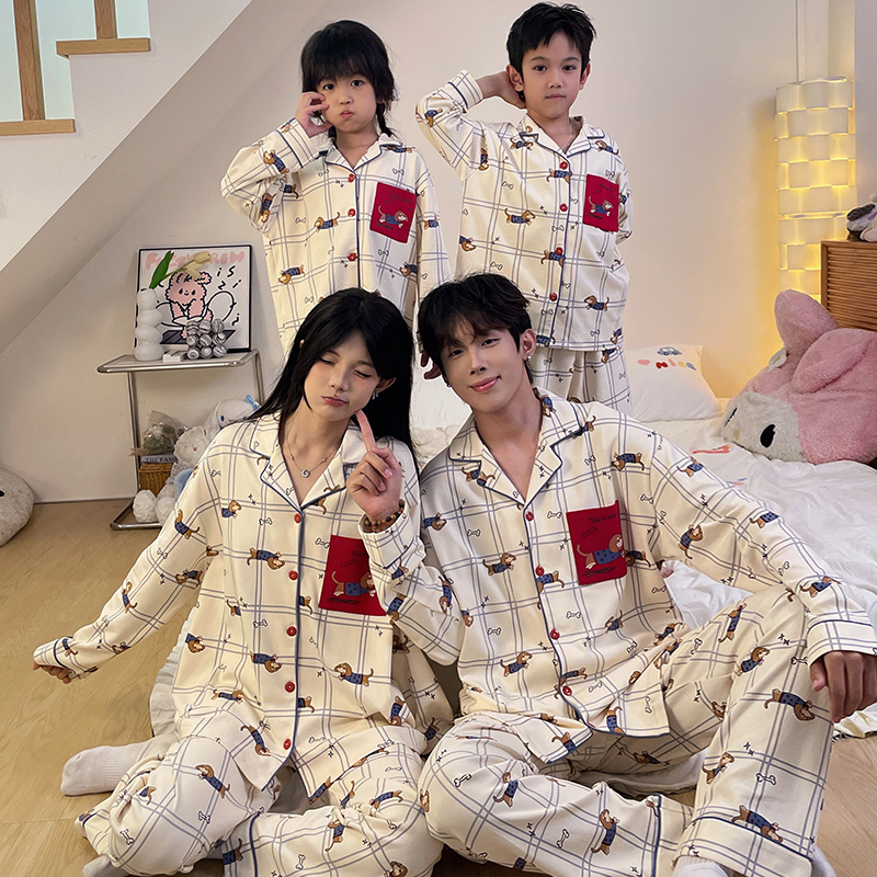 儿童睡衣长袖纯棉腊肠狗男童套装女童2025秋季一家三口四口亲子装