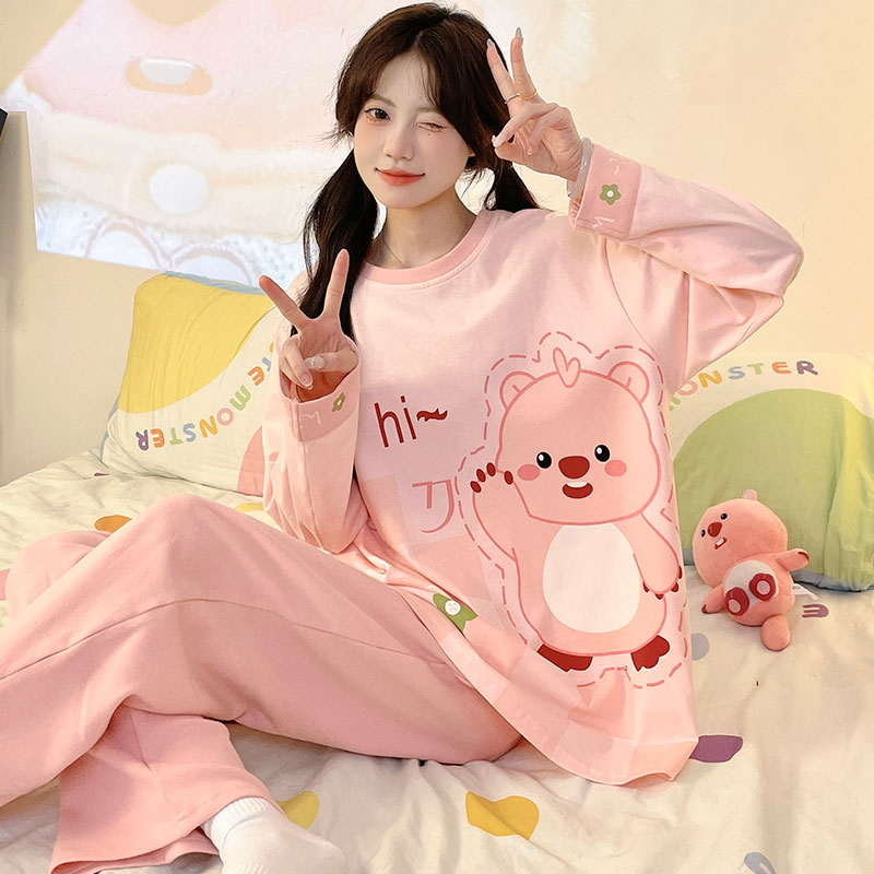 纯棉睡衣女款春秋季长袖胖mm大码