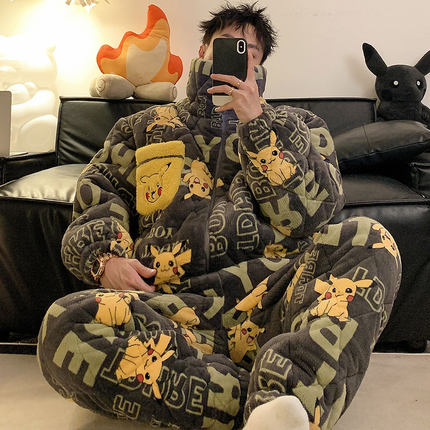 加绒睡衣男款冬季三层夹棉袄加厚珊瑚绒皮卡丘青少年男冬天家居服