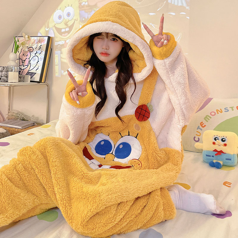 珊瑚绒连体睡衣秋冬款女睡袋成人