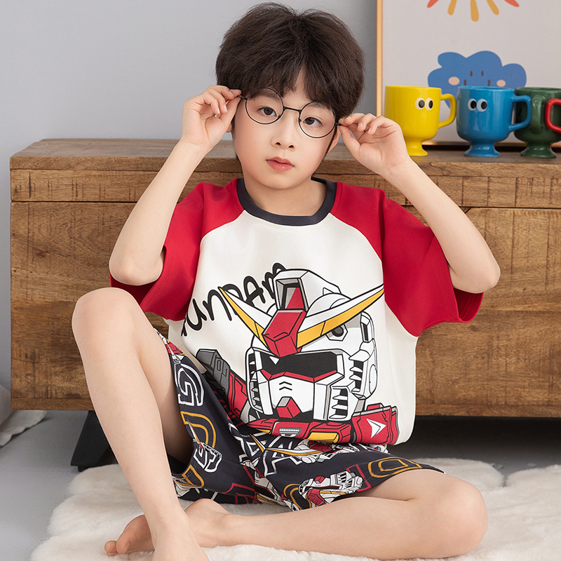 夏季睡衣男童青少年2025超火夏装套装纯棉短袖高达新款家居服儿童