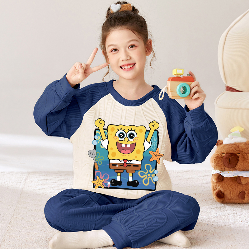 海绵宝宝女童睡衣秋冬空气棉套装