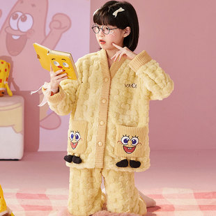 女童睡衣冬季加绒加厚2024新款儿童珊瑚绒家居服10到15岁女孩套装
