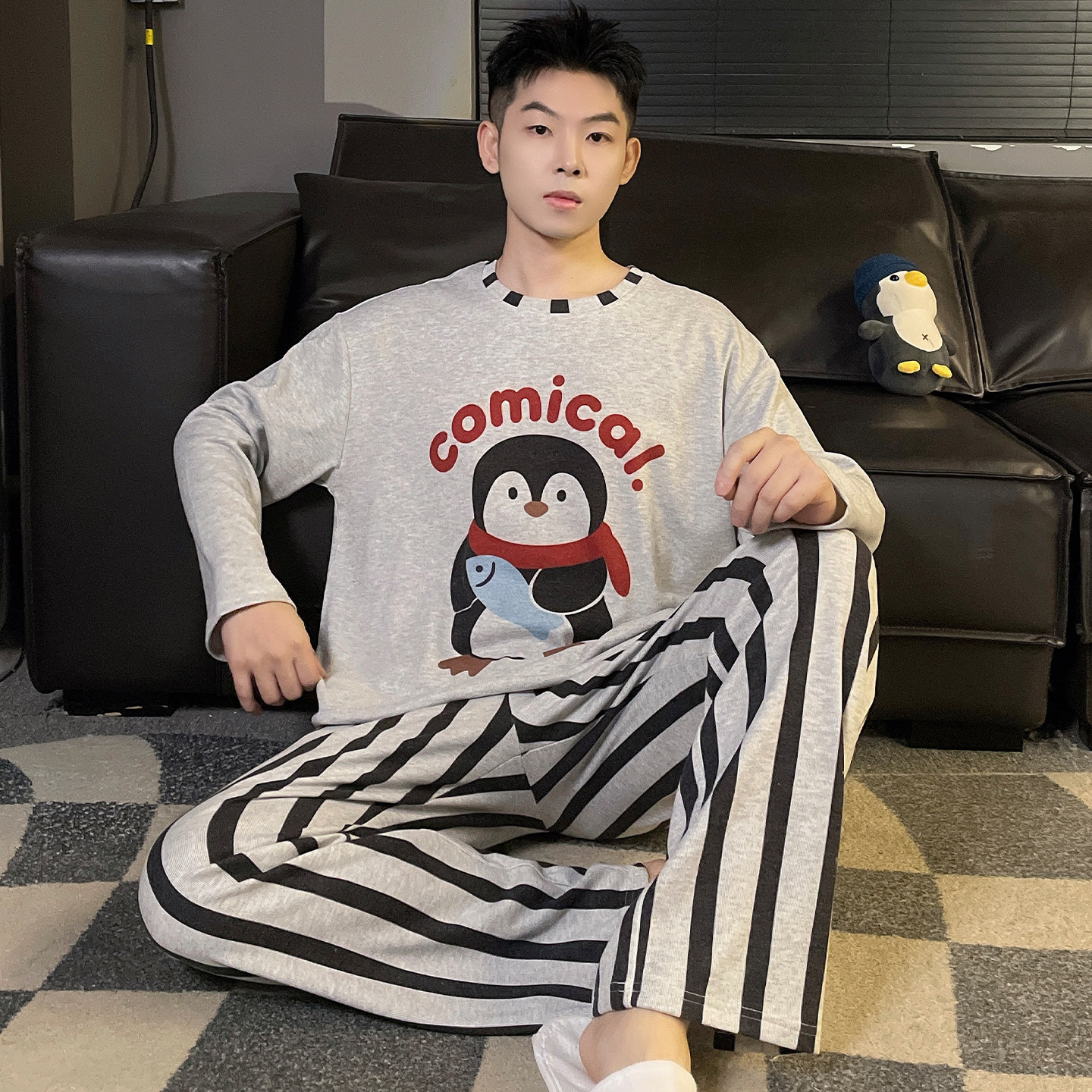 睡衣男款企鹅秋冬季衣服休闲套装青少年羊绒加厚可外穿男士家居服