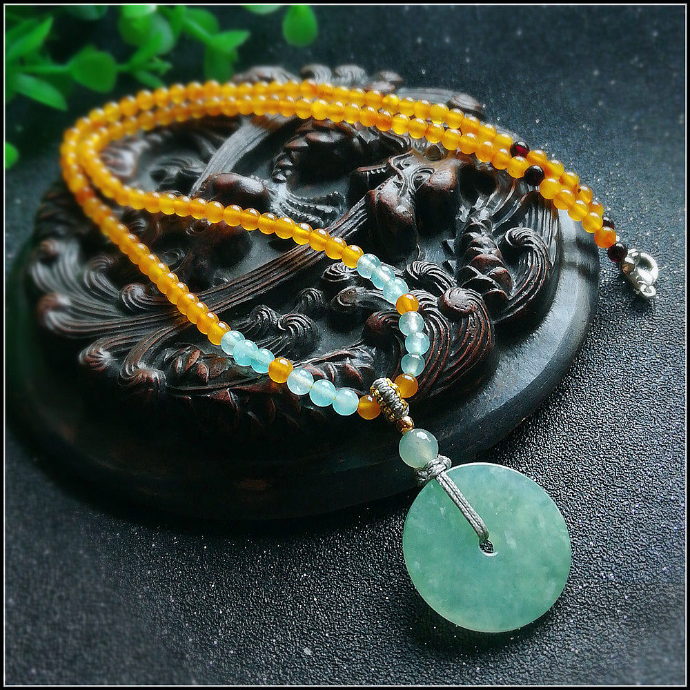 孤品！天然原矿翡翠怀古平安扣搭配蜜蜡项链锁骨链 阳绿翡翠吊坠