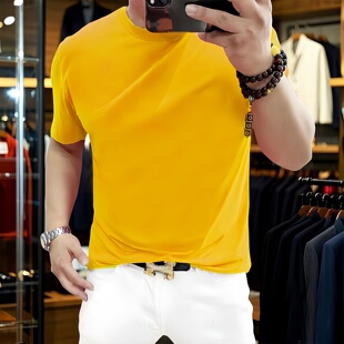 长绒棉丝滑料凉感高级感简约青年打底衫 亮黄色T恤男修身 圆领短袖