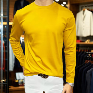 纯色丝光棉黄色丝滑料打底衫 修身 抗皱 圆领长袖 优质长绒棉T恤男士