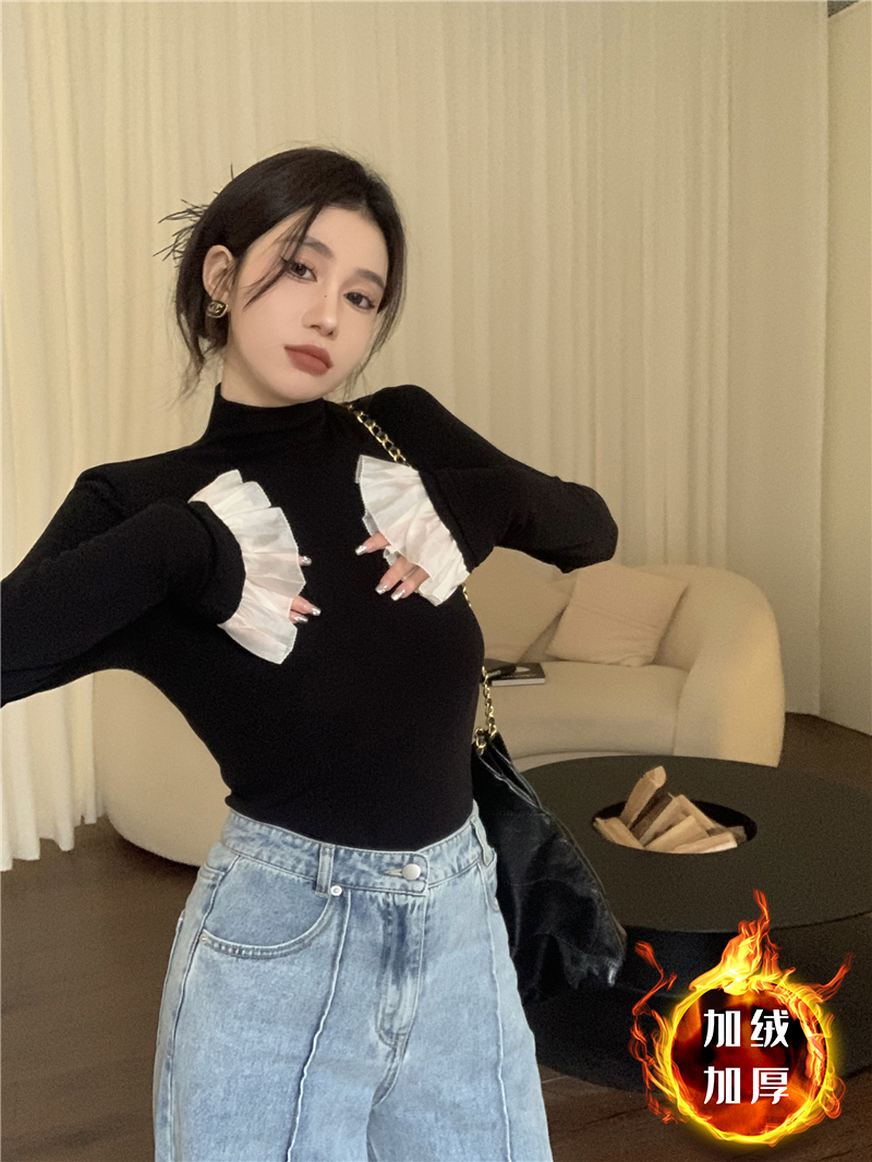 秋冬设计感喇叭袖加绒加厚打底衫女内搭洋气修身长袖t恤保暖上衣