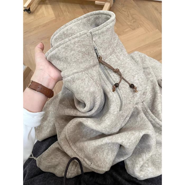 美式复古半拉链抽绳立领卫衣女