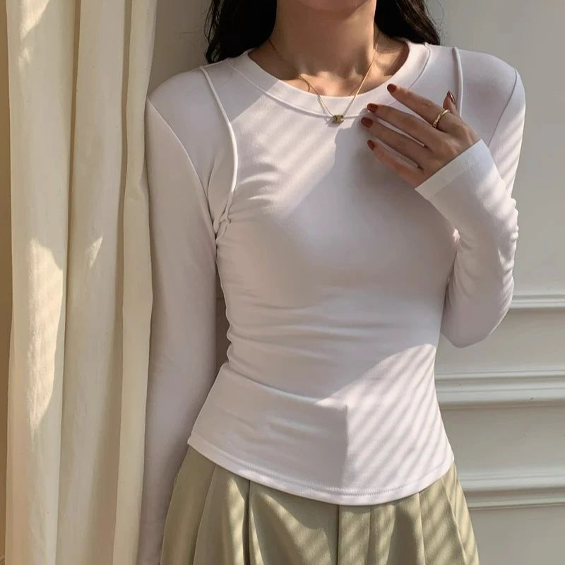 辣妹正肩鱼骨加绒长袖t恤女
