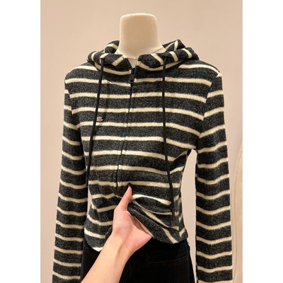 撞色条纹连帽开衫T恤卫衣女秋冬