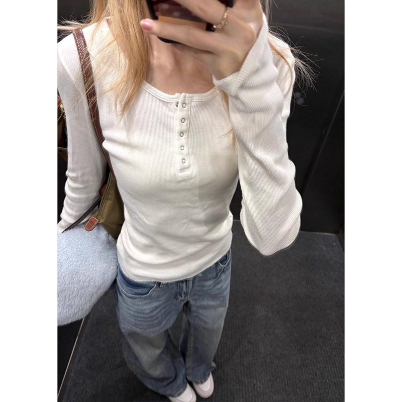 韩系bm白色纽扣长袖t恤女秋