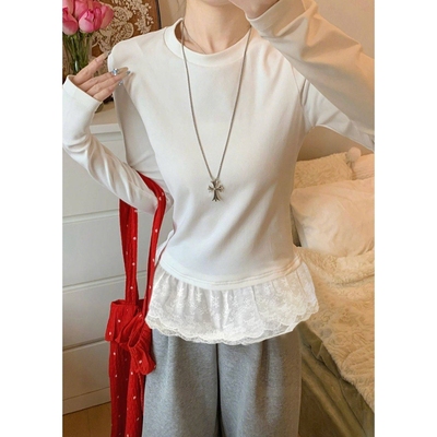 韩系蕾丝拼接花边德绒长袖t恤女