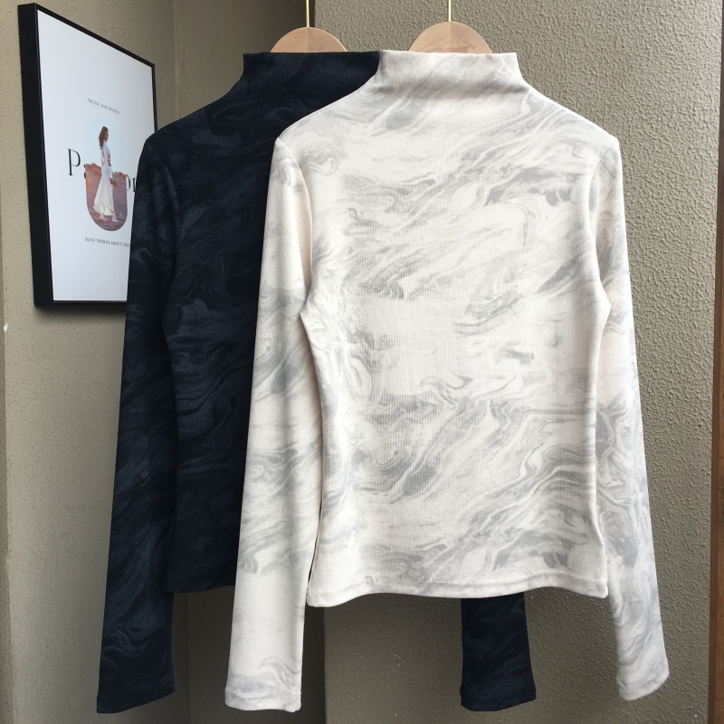 扎染水墨画半高领打底衫女秋