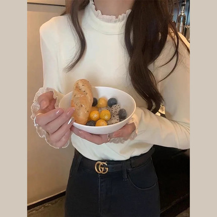 磨毛设计感蕾丝花边t恤女秋冬新款内搭加绒打底衫半高领长袖上衣