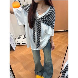 设计感小众条纹披肩短袖 宽松雪花棉上衣两件套ins潮 T恤女夏季 韩版