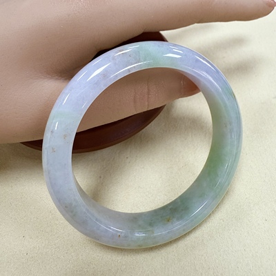 天然缅甸A货翡翠手镯冰糯种55圈春彩紫罗兰宽条黄翡洒金带证书093