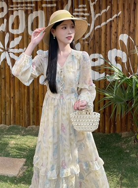 MOBAI自制【浪漫花神】法式温柔荷叶边碎花连衣裙女绝美显瘦长裙