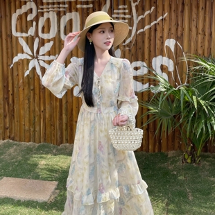 MOBAI自制【浪漫花神】法式温柔荷叶边碎花连衣裙女绝美显瘦长裙