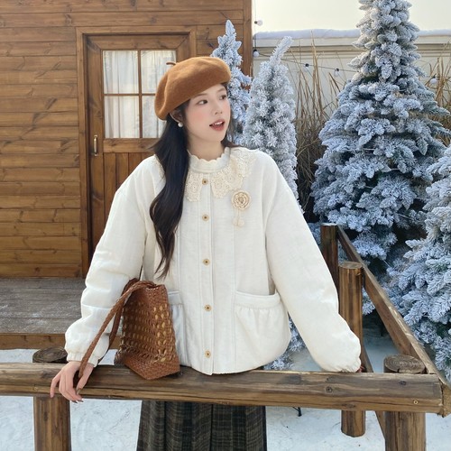 MOBAI默白复古棉麻蕾丝领棉服女