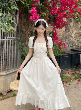 MOBAI默白【池落月】法式茶歇刺绣连衣裙女夏收腰方领气质长短裙