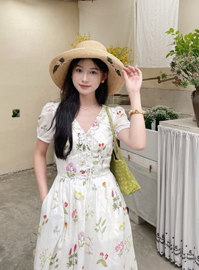 MOBAI自制【生如夏花】法式V领苎麻碎花连衣裙女夏季显瘦长裙子