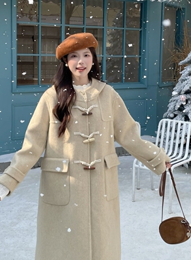 MOBAI默白【小雪巷】学院风牛角扣羊毛双面呢大衣女冬季连帽外套