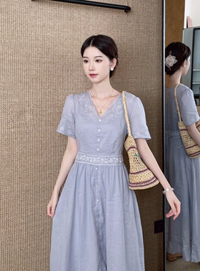 MOBAI默白【风信子】法式苎麻棉重工刺绣V领连衣裙夏季显瘦长裙子