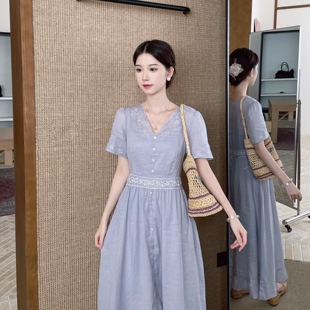 MOBAI默白【风信子】法式苎麻棉重工刺绣V领连衣裙夏季显瘦长裙子