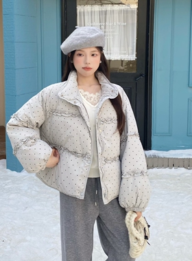MOBAI默白 韩系波点立领羽绒服女冬季新款木耳边设计感宽松外套