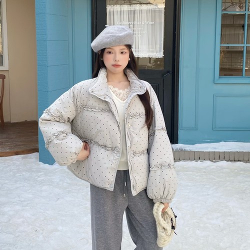 MOBAI默白波点立领宽松羽绒服女