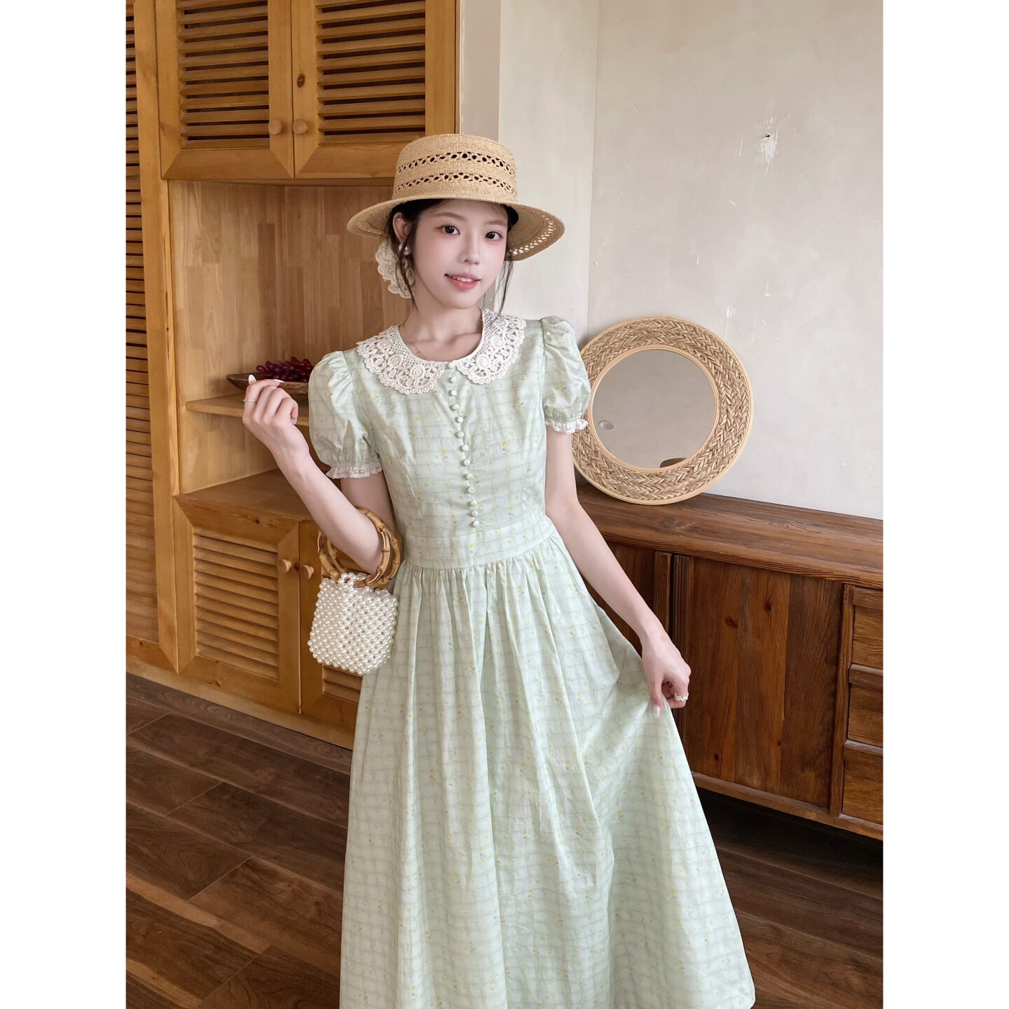MOBAI默白【中古萝莉】法式复古花边领泡泡袖连衣裙女夏碎花长裙