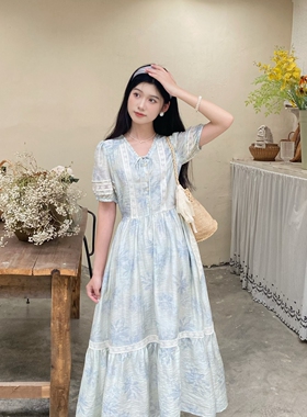 MOBAI自制【斯嘉丽】法式V领系带印花连衣裙花边收腰显瘦长裙女夏