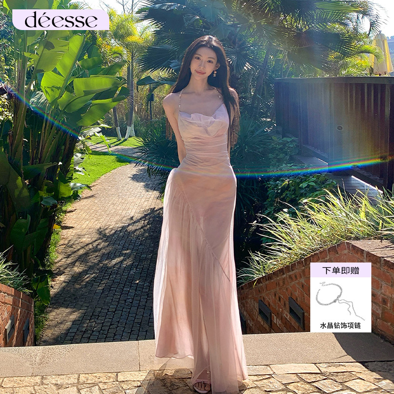 cameyliu粉色荡领挂脖连衣裙