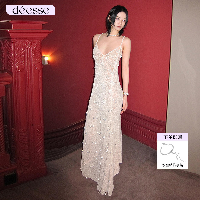 正品Tension Archive珍珠花蕊重工斜边连衣裙长款礼服裙24SS新款