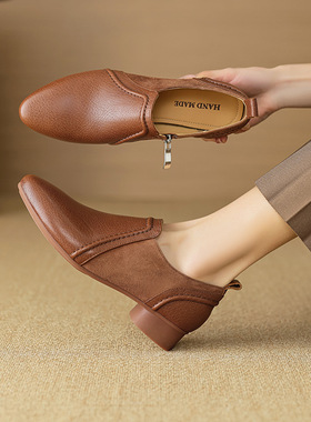 小皮鞋3cm法式深口单鞋女春秋侧拉链尖头中跟粗跟软底棕色乐福鞋