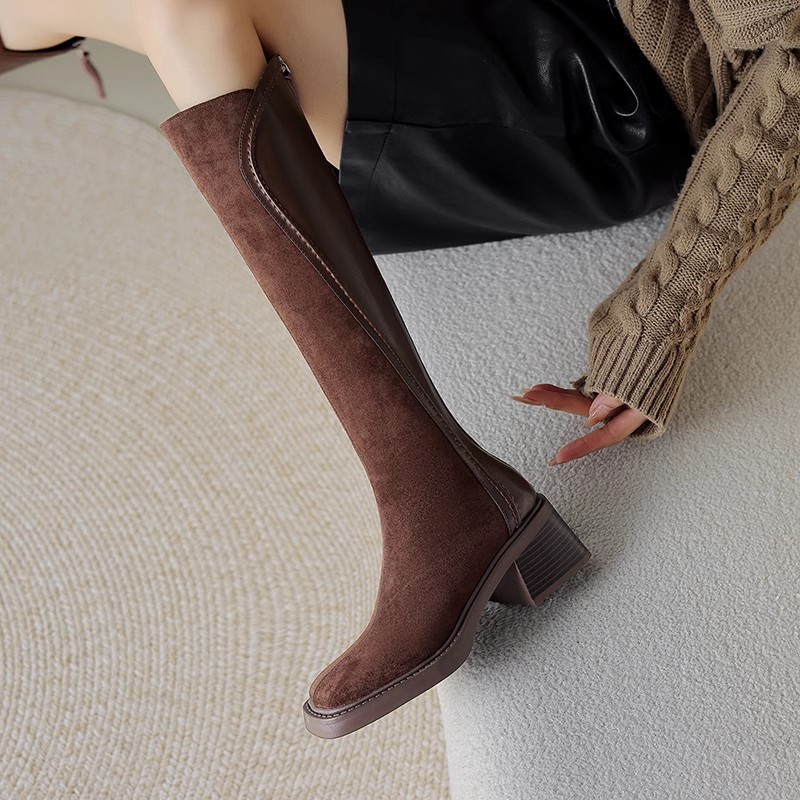法式复古磨砂拼接高筒靴显瘦骑士靴女2025秋冬新款软皮粗跟长筒靴