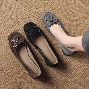 法式复古豹纹低跟单鞋女真皮方头浅口奶奶鞋通勤百搭圆扣小皮鞋