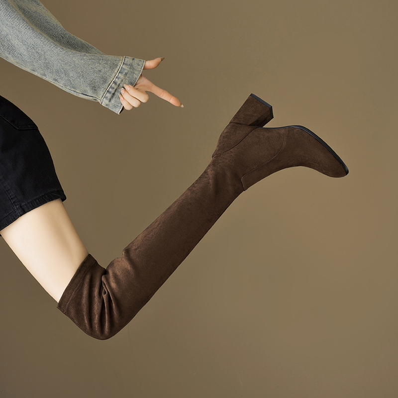 复古圆头粗跟过膝靴女秋冬弹力长筒靴棕色绒面高跟鞋长靴瘦瘦靴女