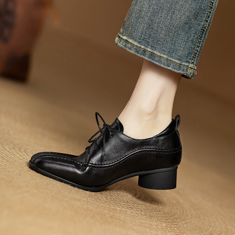 复古超软羊皮通勤系带小皮鞋女深口单鞋百搭粗低跟真皮乐福鞋3cm