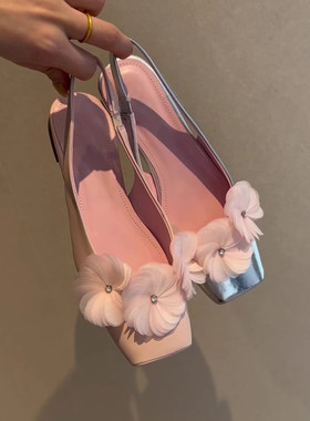 羊皮仙女风外穿包头鞋女绝美花朵