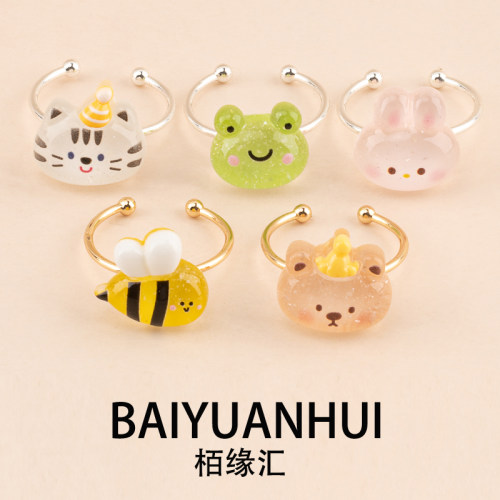 冰透生日小动物戒指可调节可爱百搭小猫小熊小青蛙小兔小蜜蜂手饰