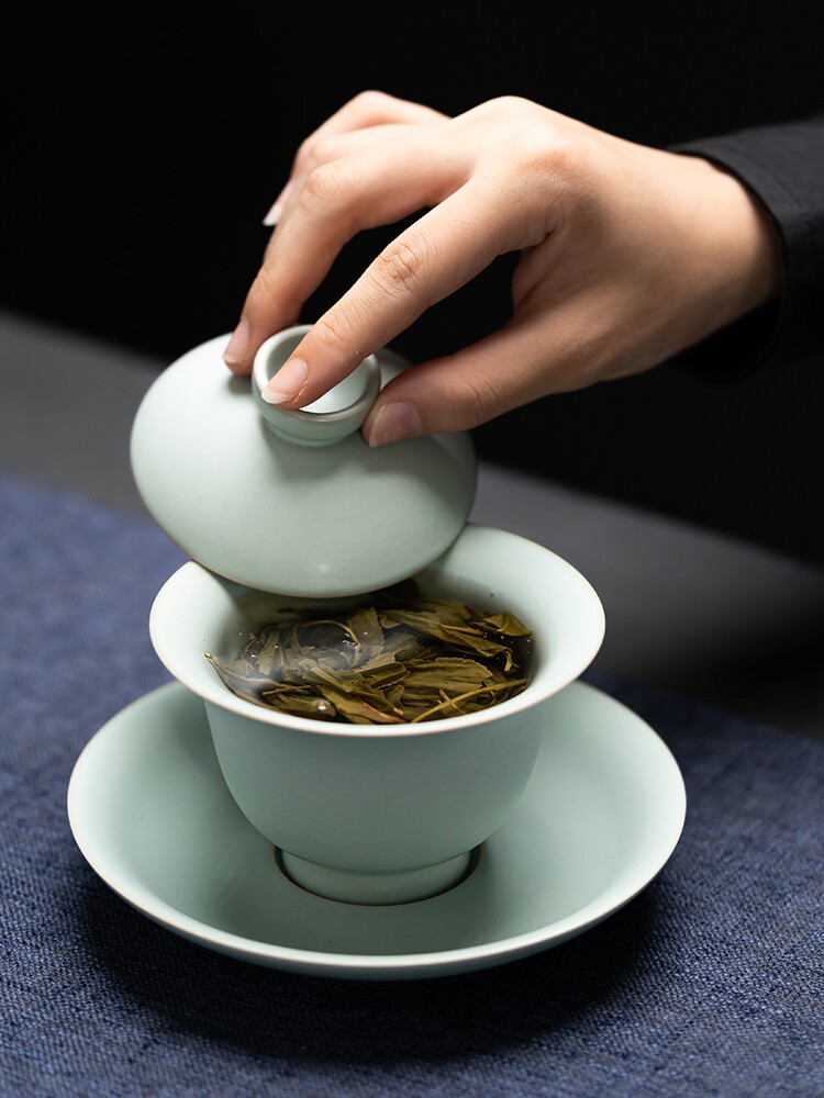 言致汝窑盖碗茶杯开片大号高端汝瓷三才泡茶碗家用陶瓷冰裂釉天青