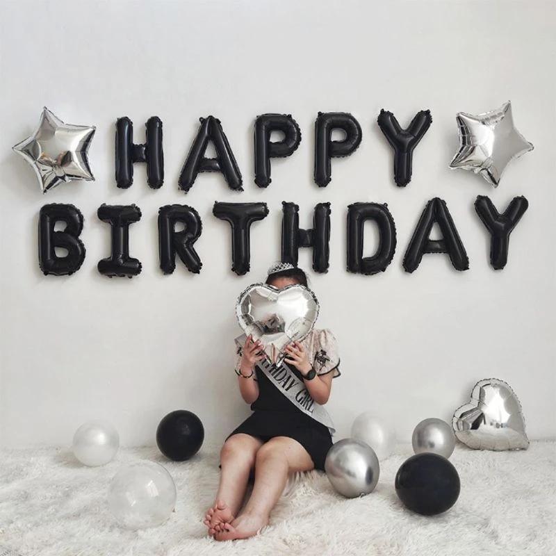 ins风黑色生日快乐字母气球搭配男友生日派对场景布置道具