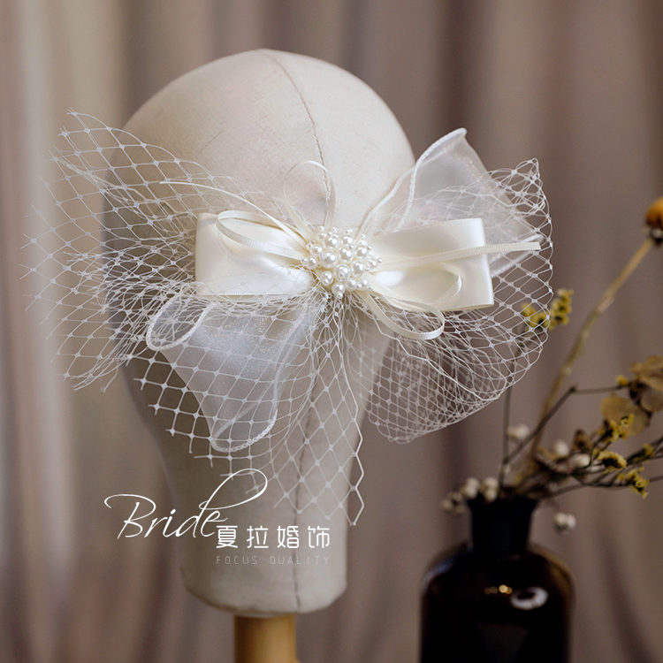 夏拉原创手作柔美香槟色网纱蝴蝶结珍珠发夹婚礼新娘发饰婚纱配饰
