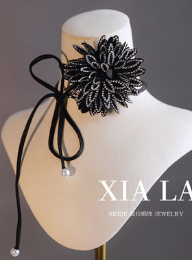 夏拉水钻女原创黑色花朵项链